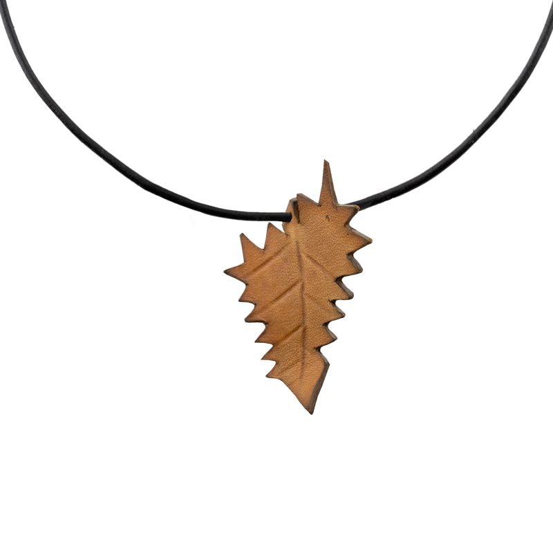 Leather Necklace mustard yellow leaf